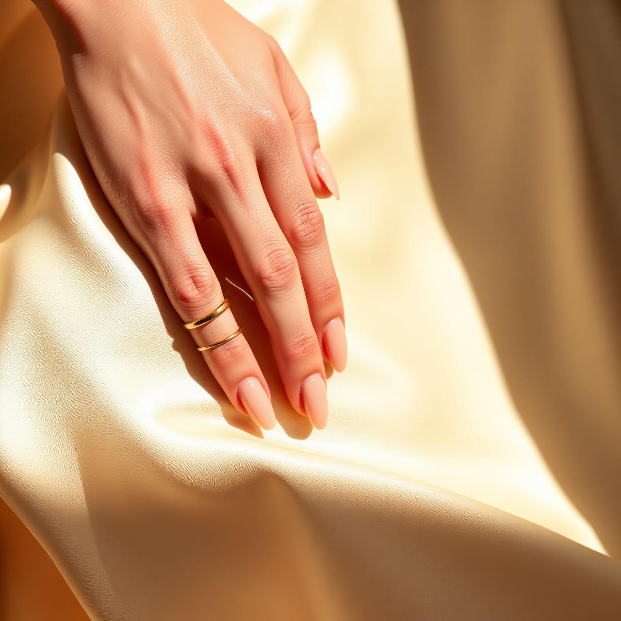 Elegant manicured hand resting on cream silk fabric